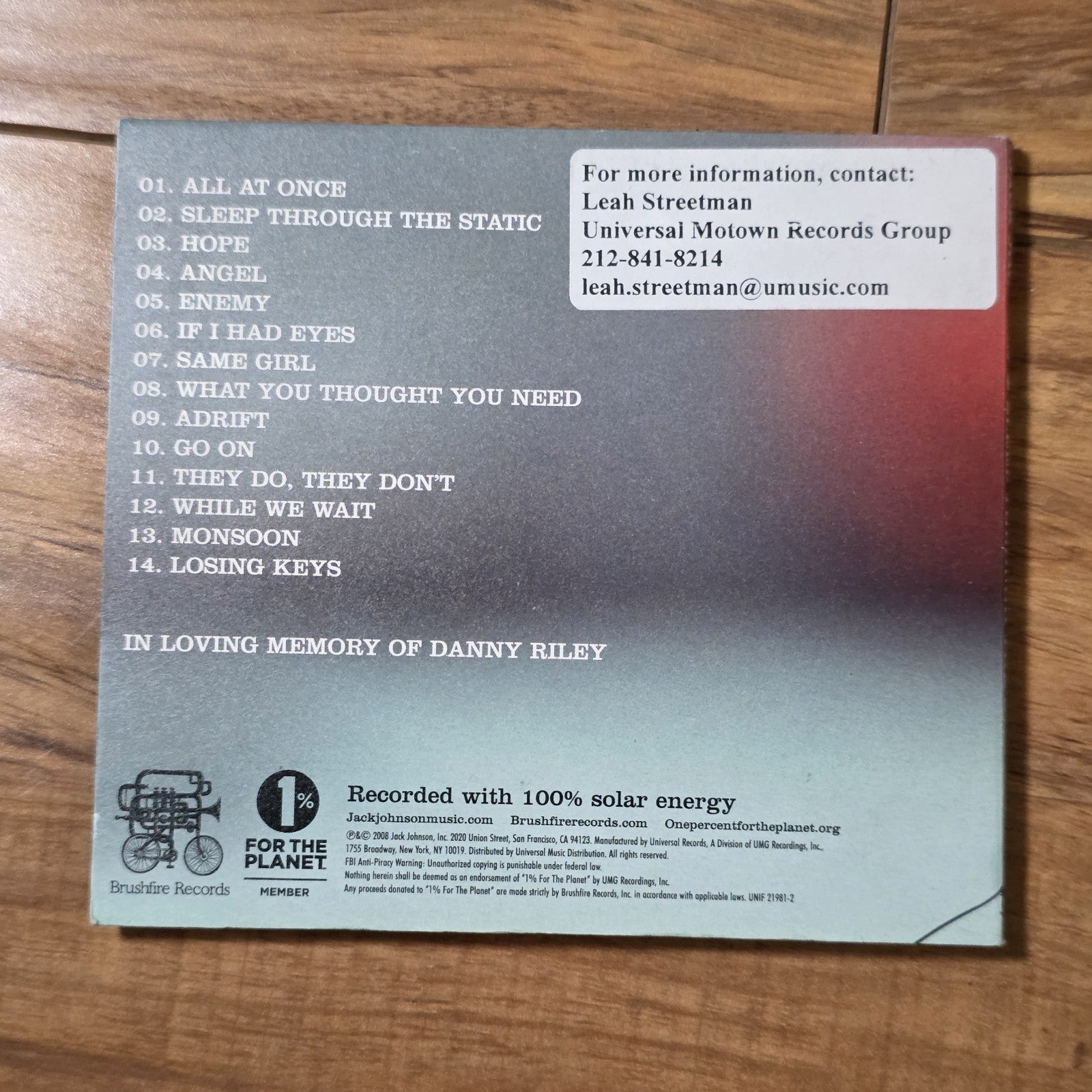 Jack Johnson - Sleep Through the Static CD Promo 2008 Brushfire Records Promo