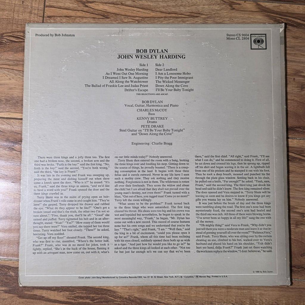 Bob Dylan - John Wesley Harding Album 1968 Folk Rock Vinyl LP 12" VG