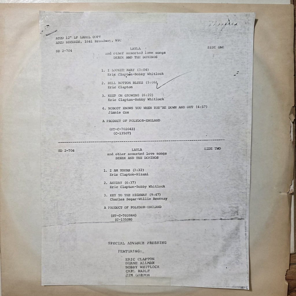 Derek & The Dominos - Layla & Other Assorted Love Songs Vinyl LP Test Pressing