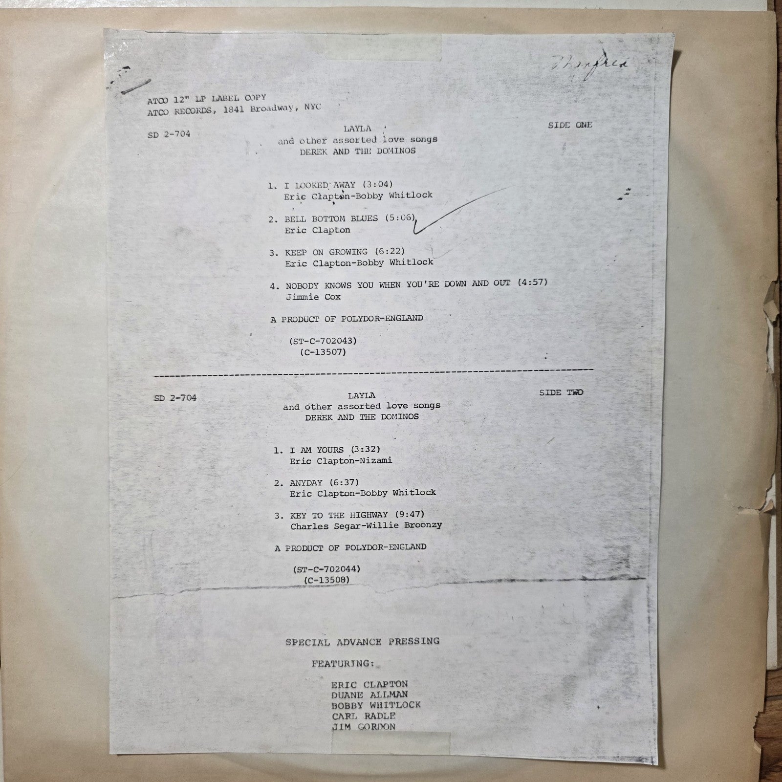 Derek & The Dominos - Layla & Other Assorted Love Songs Vinyl LP Test Pressing