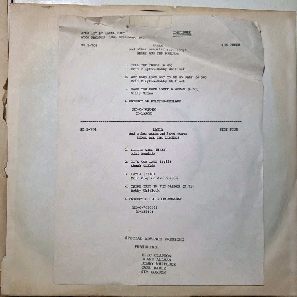 Derek & The Dominos - Layla & Other Assorted Love Songs Vinyl LP Test Pressing