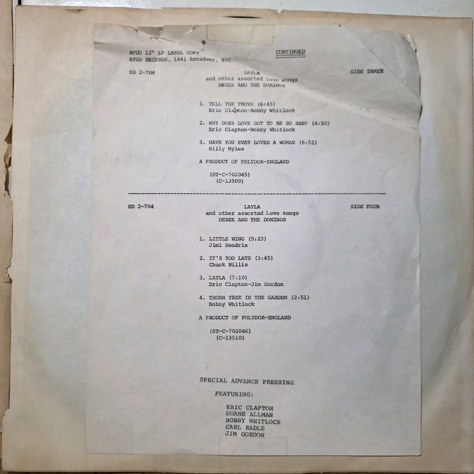 Derek & The Dominos - Layla & Other Assorted Love Songs Vinyl LP Test Pressing