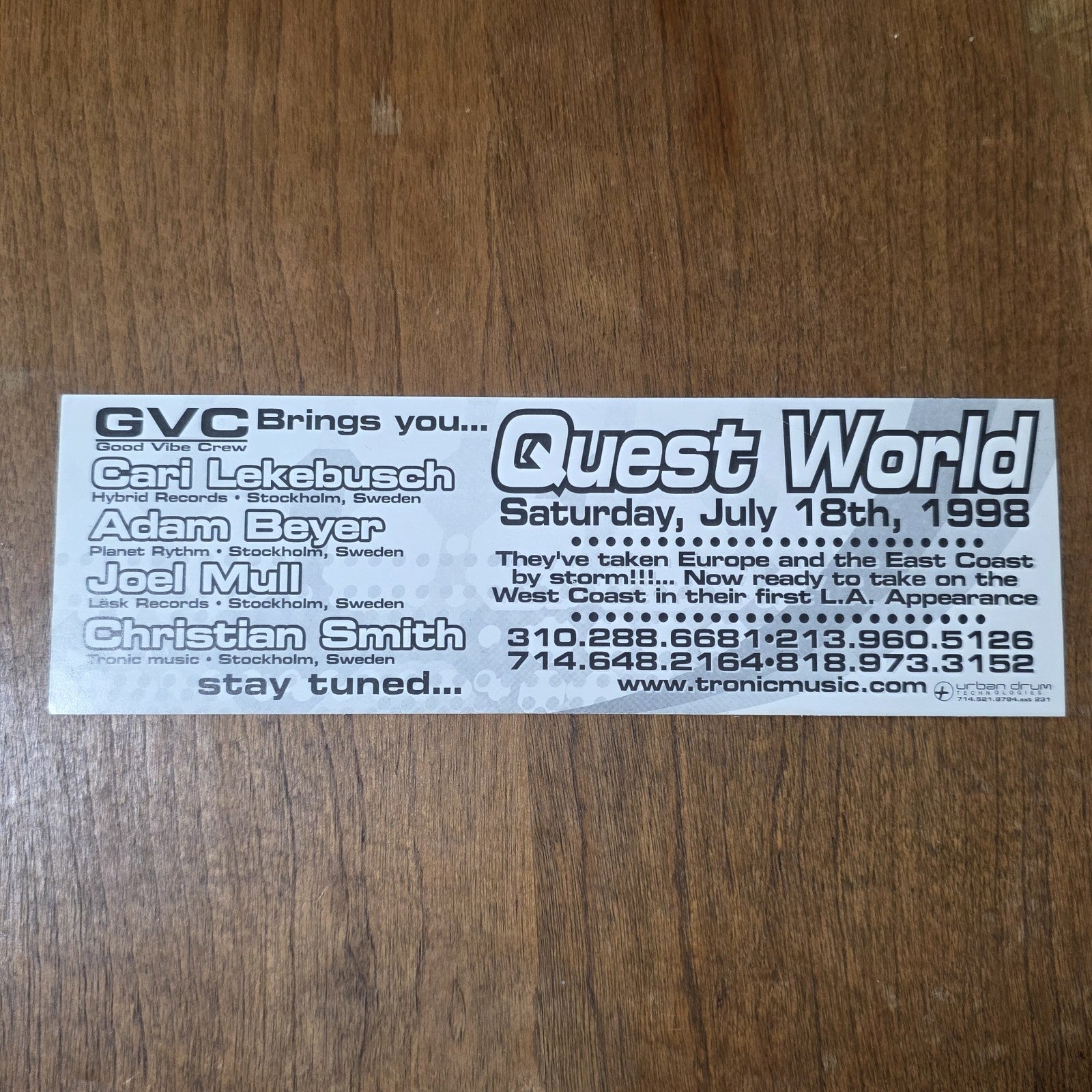 Quest World 1998 Rave Flyer Los Angeles Hollywood Adam Beyer Luke Slater EDM